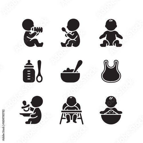 Collection of nine black silhouette icons representing various baby feeding activities and accessories for infant nutrition and care