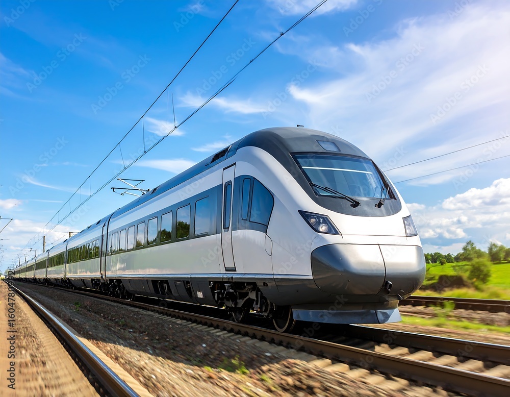 Fototapeta premium High-speed train moving on tracks under a bright sky