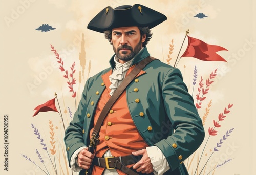 Revolutionary War reenactor in period costume at an Independence Day event