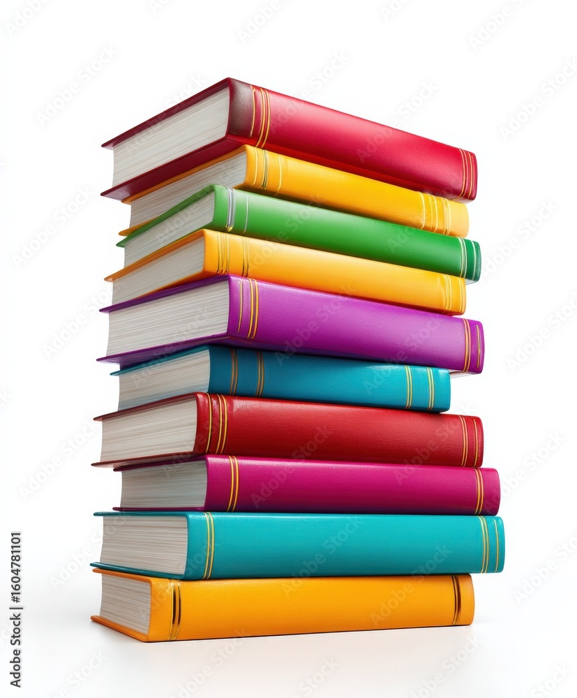 Stack of colorful hardcover books arranged vertically with vibrant covers and visible pages on a white background Stack of colorful hardcover books arranged vertically with vibrant covers and visible pages on a white background