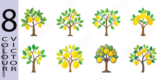 Eight Vibrant Flat-Style Lemon Trees;  Citrus Fruit Growth Stages; Vector Illustration.