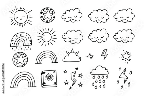 Playful Weather Elements Doodle: A collection of whimsical weather symbols, hand-drawn with playful expressions.