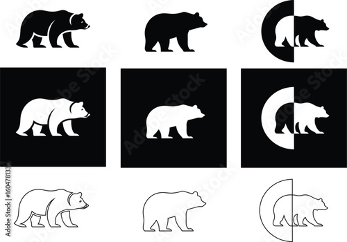 Bold vector bear icons in multiple styles, great for nature brands, forest logos, and outdoor identity.
