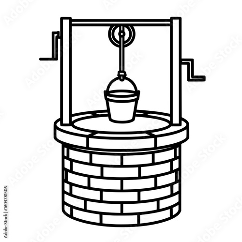 Traditional stone water well with bucket and pulley vector sketch