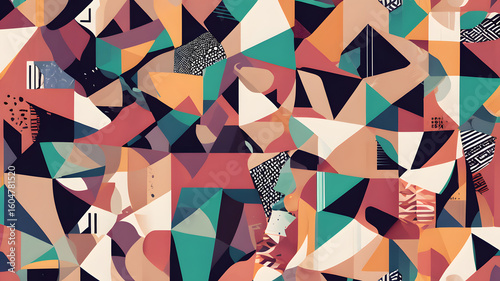 Abstract geometric pattern with triangles squares and varied textures in muted color palette design