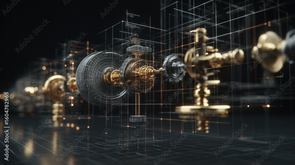 Fototapeta premium Advanced digital rende of industrial mechanical components and pipelines with futuristic glowing effects and detailed technical structure