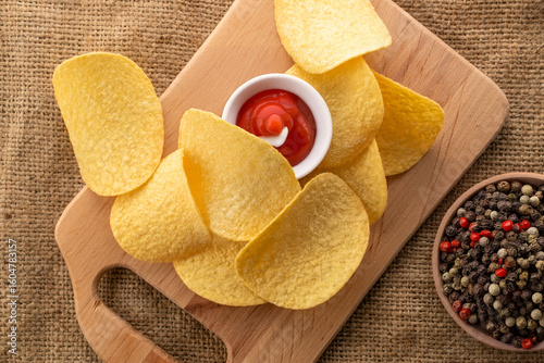 Crispy potato chips, top view, macro.