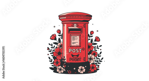 Red postbox with floral decoration, featuring petal, blossoms, illustration, vector, and includes British, pink, happy, summer.