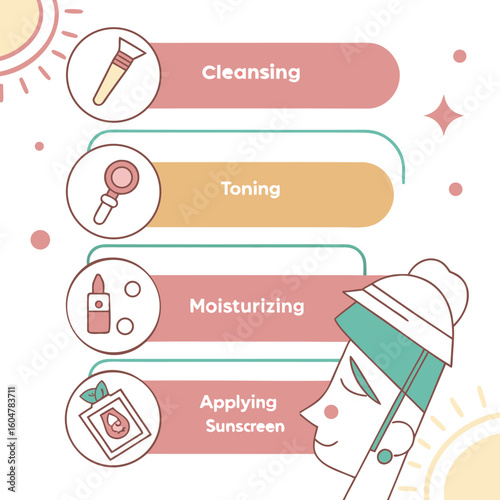 A simple step by step guide to a basic skincare routine featuring cleansing toning moisturizing and applying sunscreen