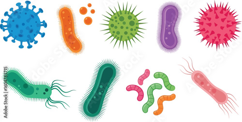 A collection of colorful cartoon bacteria and viruses isolated on a white background design
