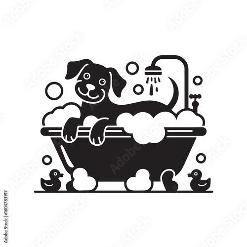 Happy cartoon dog enjoying a bubbly bath with a shower and rubber ducks in a bathtub clean pet care concept