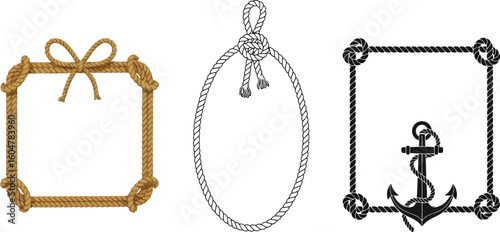Nautical rope frame vector set, decorative marine border with anchor and knots