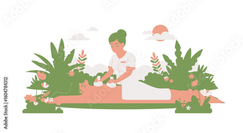 Woman receiving cupping therapy outdoors, featuring spa, clouds, healing, skin, and includes treatment, happy, day, massage.