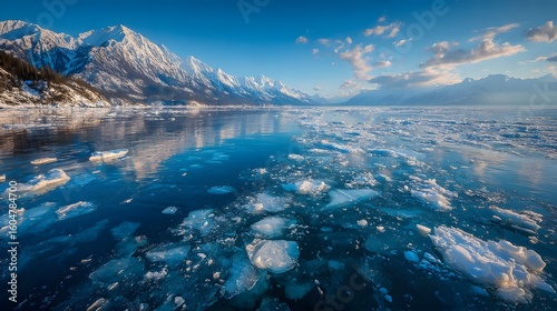 Wallpaper Mural Serene Frozen Landscape with Icebergs and Majestic Snow-Capped Mountains at Sunrise Torontodigital.ca