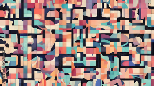 Abstract mosaic pattern with various pastel colors and geometric shapes on a dark background art style