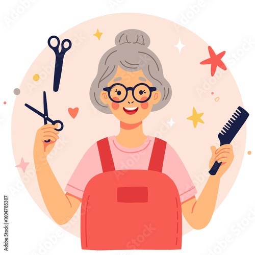 Elderly hairdresser with scissors. Senior stylist at work. Mature woman cutting hair. Experienced barber in action. Elderly set