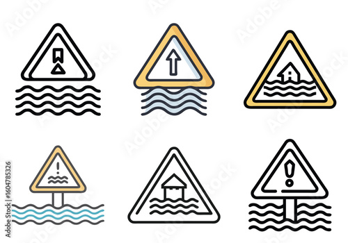 Collection of six different flooding warning signs in triangle shapes