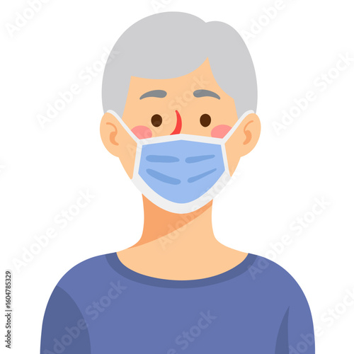 Elderly in medical mask. Senior person wearing face covering. Mature adult in protective gear. Old person staying safe indoors. Elderly set