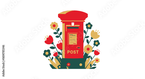 Red postbox with colorful flowers, featuring summer, mail, postcard, blue, and includes white background, bloom, mailbox, green.