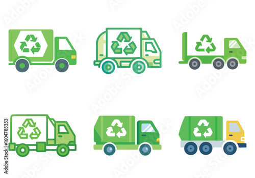 Illustrative Vectors of Various Recycling Trucks Demonstrating Sustainability and EcoFriendliness