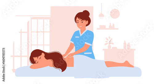 Woman receiving relaxing back massage 1, featuring clock, rejuvenation, flat design, holistic, and includes happy, serene, lifestyle, wellness.