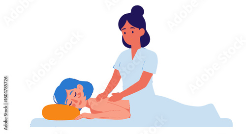 Woman receiving back massage therapy, featuring head, healthcare, lifestyle, illustration, and includes white background, smiling, comfortable, muscle.