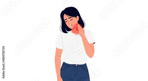 Woman with sore throat illustration 1, featuring neck, white background, health, unhappy, and includes design, red, graphic, ache.