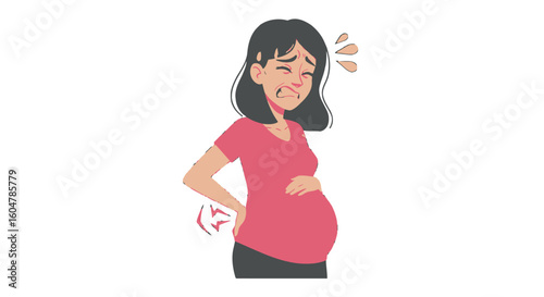 Pregnant woman experiencing back pain, featuring stressed, mother, illustration, drawing, and includes expecting, cartoon, delivery, prenatal.
