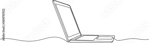 A simple continuous line drawing of an open laptop on a white background in a minimalist style