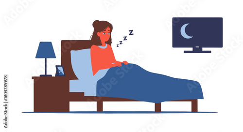 Woman struggling with insomnia in bed, featuring disorder, flat, frustrated, bedroom, and includes awake, sleepless, mental health, screen.