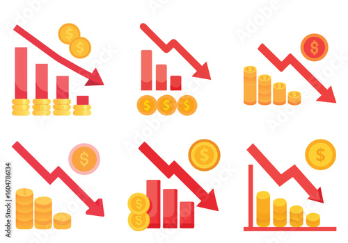 Set of downward trending charts with coins and money, economic recession