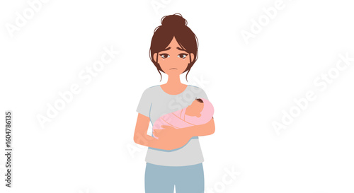 Stressed mother holding newborn baby, featuring support, art, graphic, pink, and includes feelings, character, love, tired.