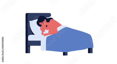Mother comforting crying baby in bed, featuring embrace, compassion, sadness, flat, and includes depression, sleep, postpartum, empathy.