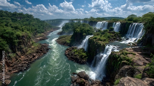 Breathtaking View of Iguazu Falls with Lush Greenery and Flowing River Under Clear Blue Sky