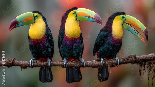 Colorful Toucans Perched on Branch in Lush Tropical Environment with Vibrant Feathers