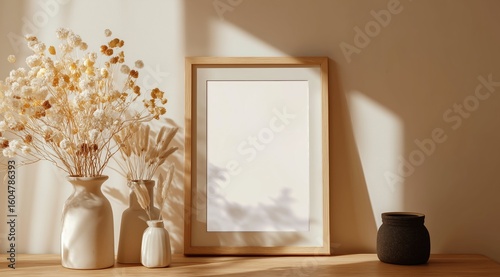 Neutral interior with frame and vases