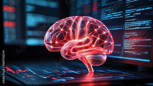 Glowing red digital brain with neural network connections on a keyboard with code in the background