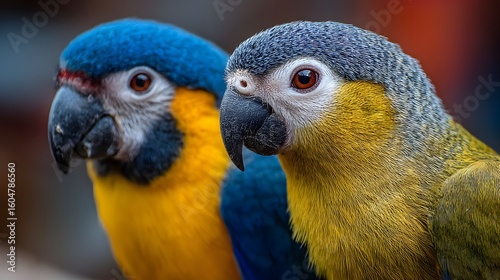 Vibrant Parrots with Bright Feathers and Captivating Eyes Posing Together in Nature Setting