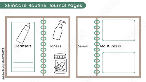 Hand drawn illustration of skincare routine journal pages with sections for cleansers toners serum and moisturizers