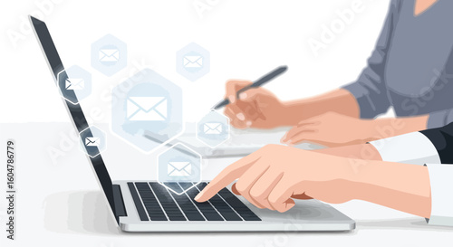 Person typing on a laptop with email icons and another person writing with a pen near by