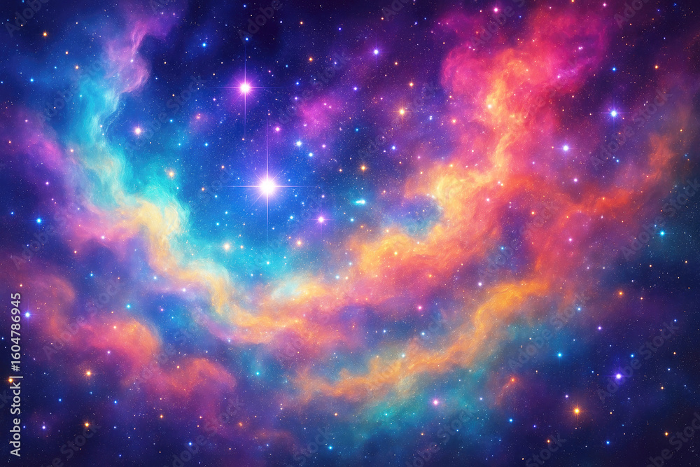Naklejka premium Cosmic Nebula Swirls of Vibrant Hues and Twinkling Stars space galaxy