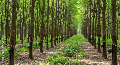Rubber Plantation's Tranquility Rows of Trees & Peaceful Atmosphere. Serene view of symmetrical Rubber Plantation