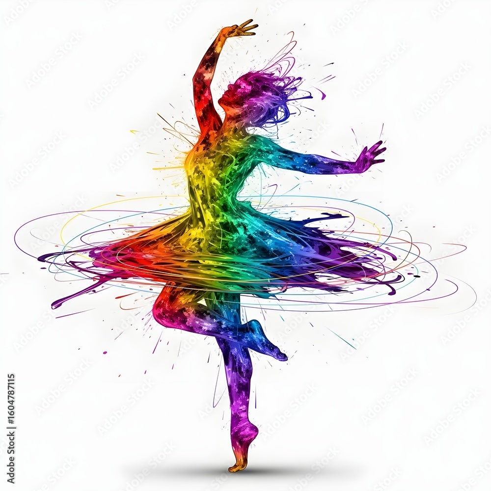 Obraz premium Rainbow Paint Stroke Human in Motion with Neon and Ink Swirls