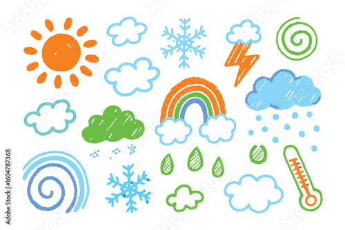 Weather doodles: Playful drawings of various weather elements create a whimsical and delightful visual experience. These doodles feature vibrant sun, fluffy clouds, a rainbow, snowflakes, rain.