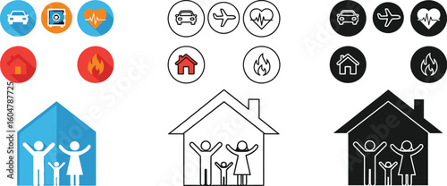 Insurance coverage types icons family protection home car health travel security
