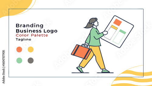 A professional woman with a briefcase and a document showcasing branding business logo color palette and tagline concepts