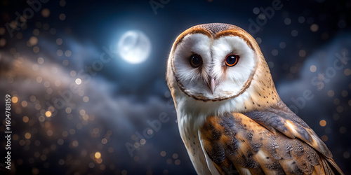 A white barn owl perched quietly showing its sharp eyes and feathers at night