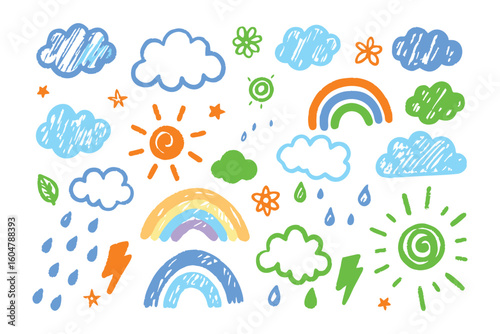 Weather Doodle Collection: A whimsical collection of hand-drawn weather icons, including fluffy clouds, vibrant rainbows, and radiant sunshine, capturing the joyful essence of a colorful day.