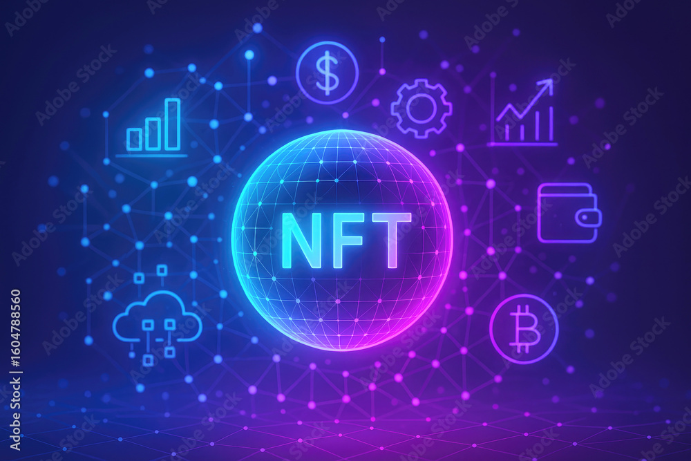 Fototapeta premium Digital Sphere With NFT And Financial Symbols technology blockchain