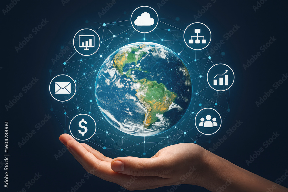 Obraz premium Earth network connection with business icons and human hand globe technology